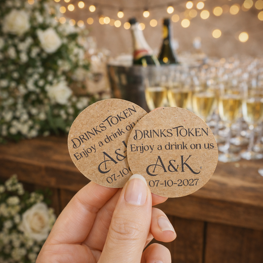 Two personalised wedding drink tokens for wedding on brown card. Rustic themed wedding setting with champagne glasses in the background in soft focus