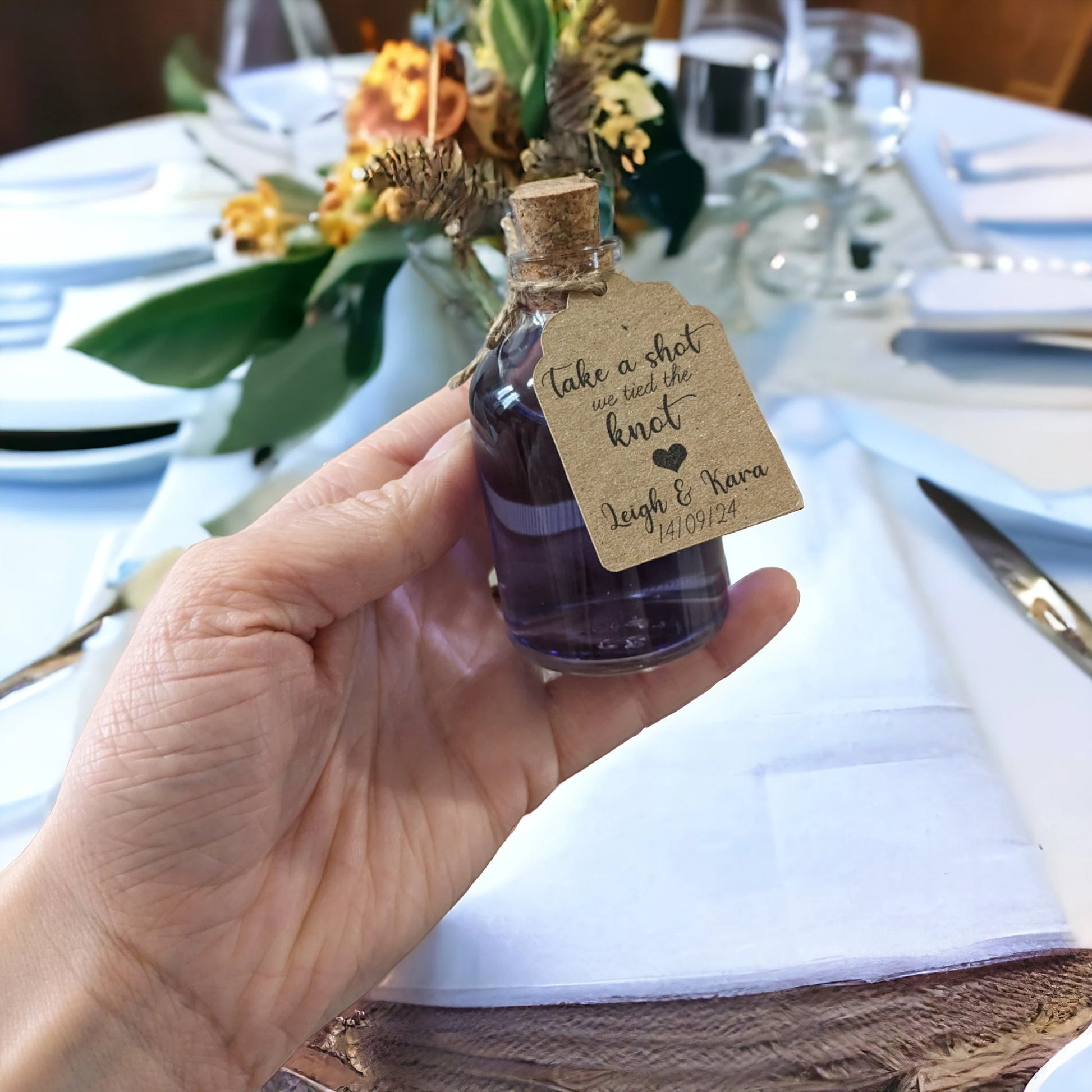 - Personalised Wedding Favour Bottles – 50ml Glass Miniature Drinks
Create a unique wedding keepsake with these 50ml glass bottles—ideal for shot carts, wedding speeches, and personalised drinks. A special touch for your big day!