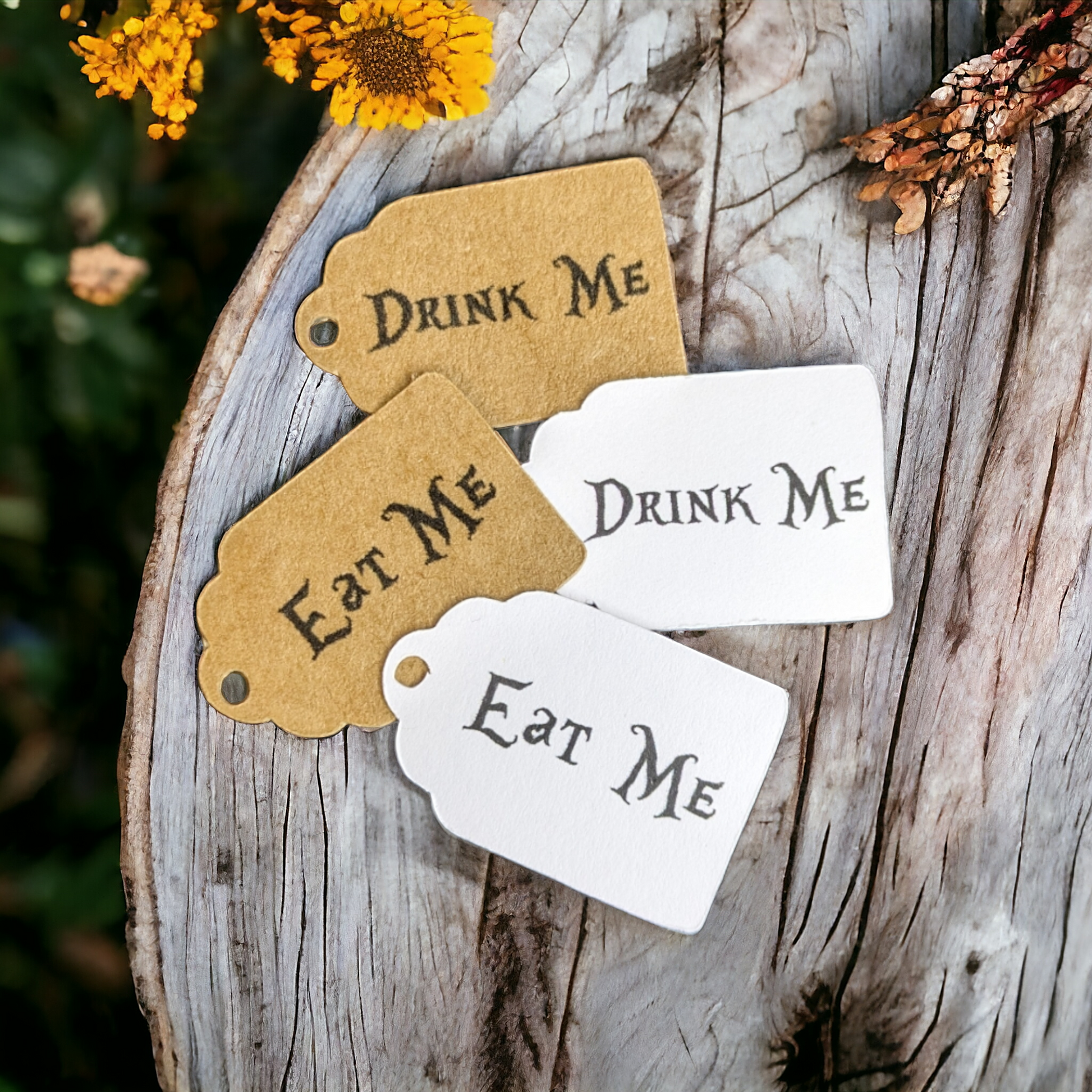 Eat Me & Drink Me’ mini tags – 50 playful Alice in Wonderland-inspired favour tags for weddings or parties!