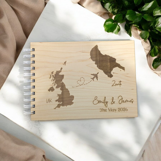 Destination wedding guestbook made with wood.