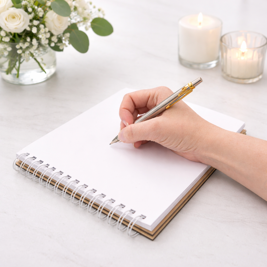 open guest book on a table at a wedding with a guest signing the book. Background is a clean white table cloth with floral bouquet on the table