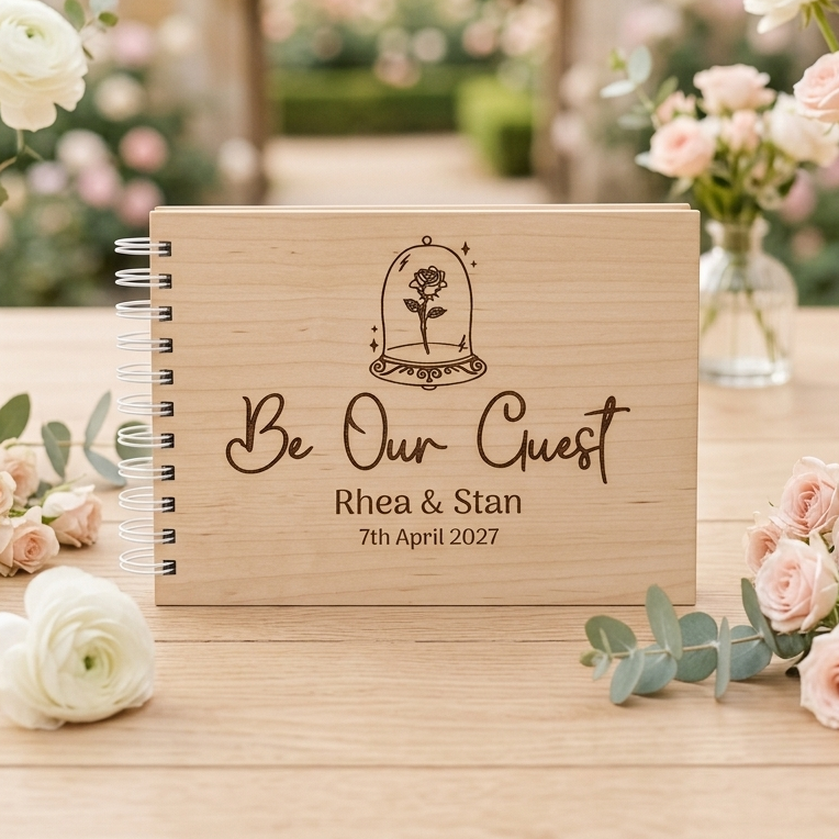 A personalised wooden wedding guest book with 'Be Our Guest' engraved on the front with the couples name and wedding date. 