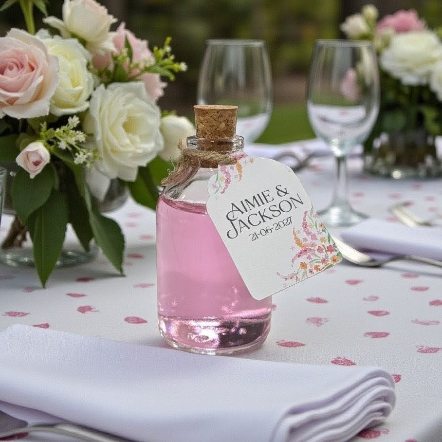 Small bottle of pink gin wedding favours with a personalised label on a outside wedding table setting with flowers and glasses. With a Bridgerton wedding vibe.