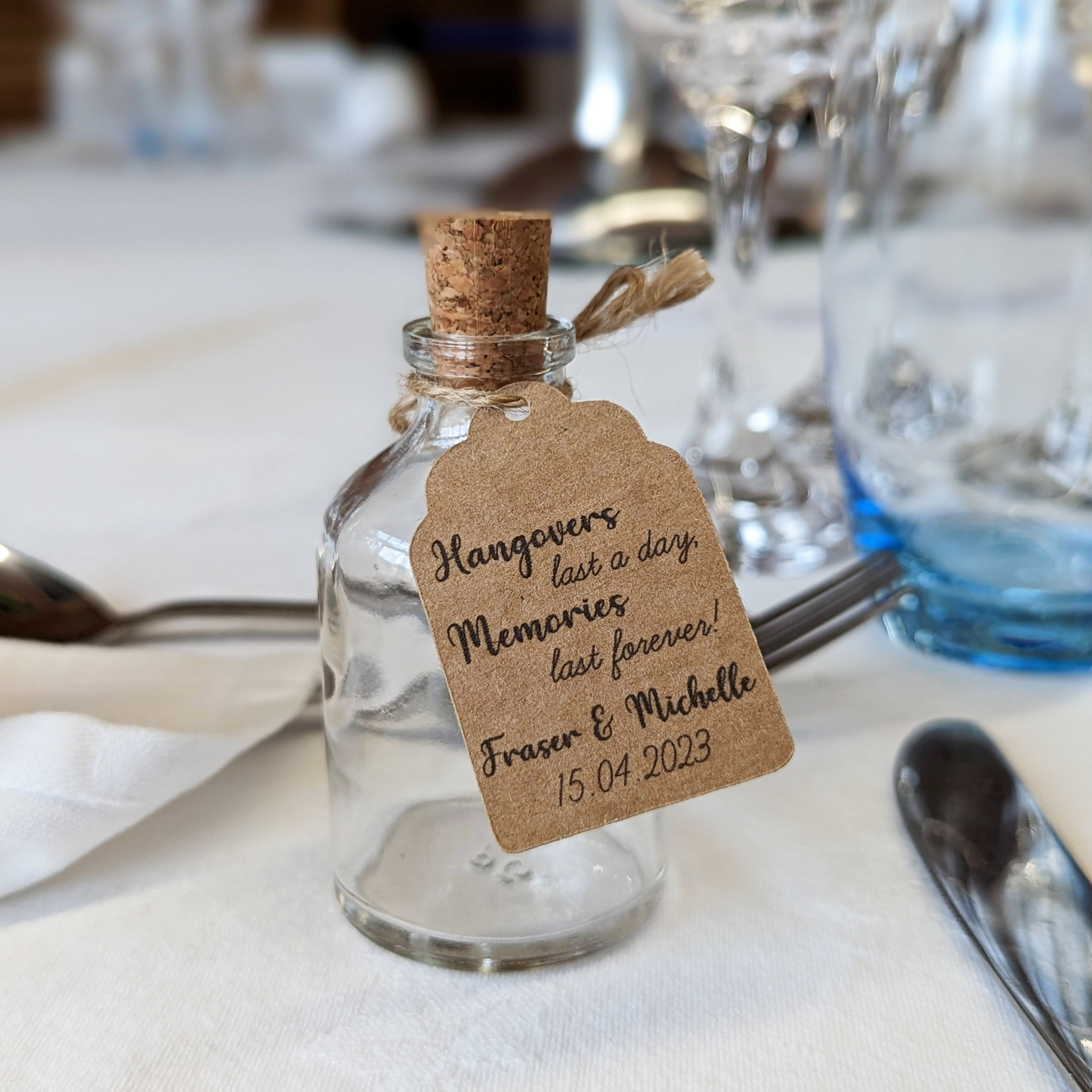 Customised wedding favour - Personalised 50ml corked bottle with tag