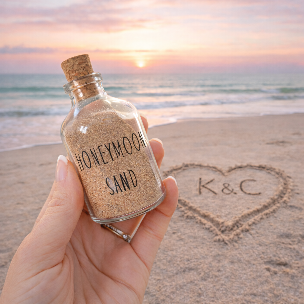 A honeymoon sand bottle held on a beach. Honeymoon keepsake in a glass corked bottle