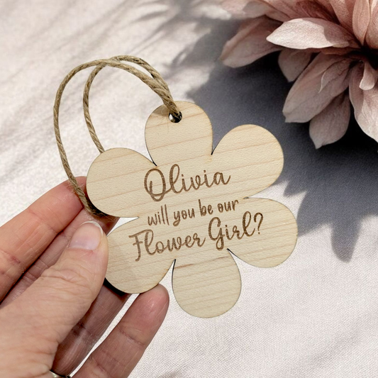 Wooden flower girl proposal gift with twine to hang as a keepsake