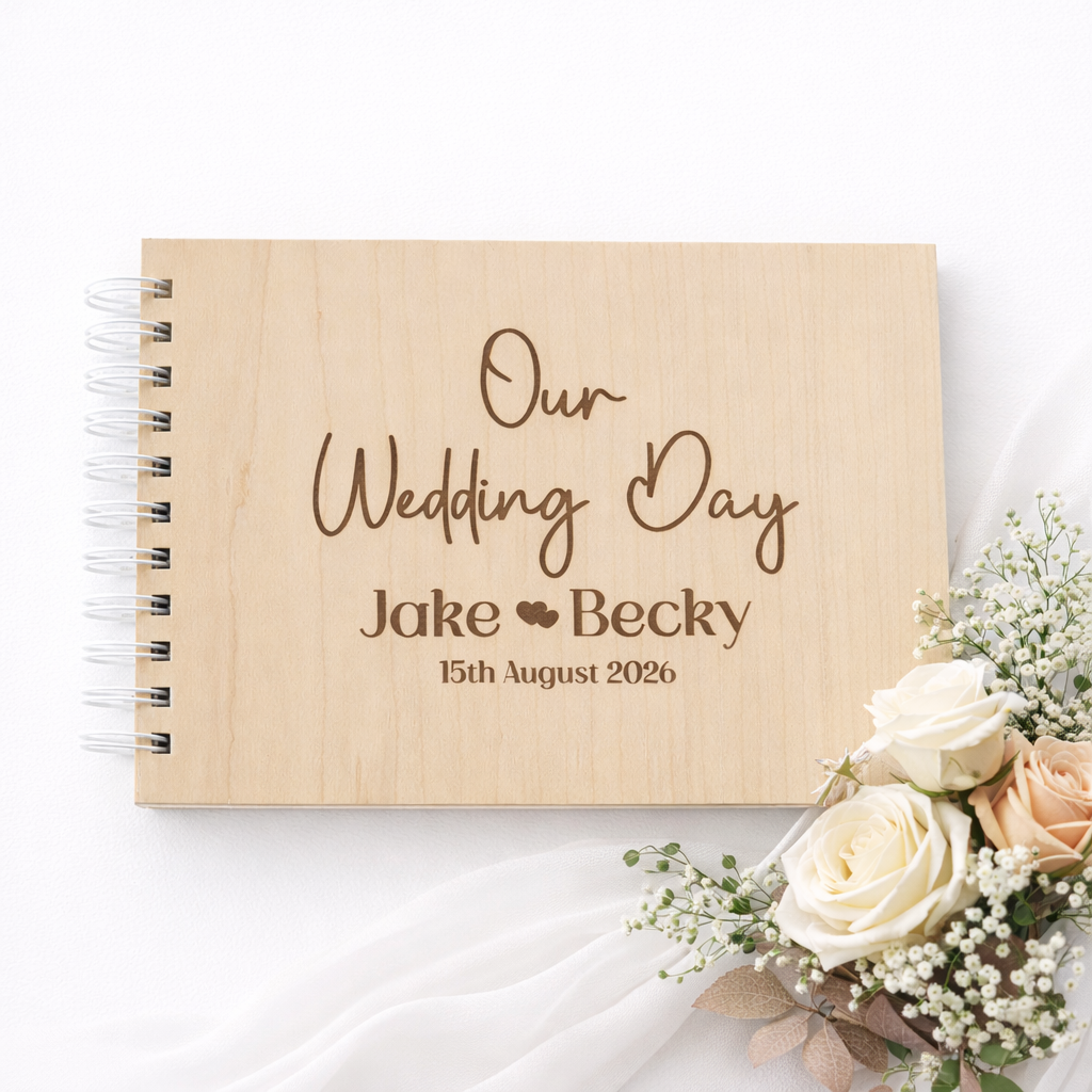 Our Wedding Day photo album on a white background with wedding florals in the corner
