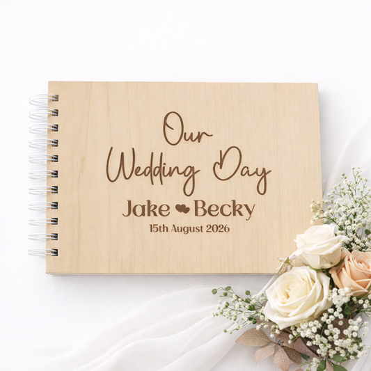 Our Wedding Day photo album on a white background with wedding florals in the corner