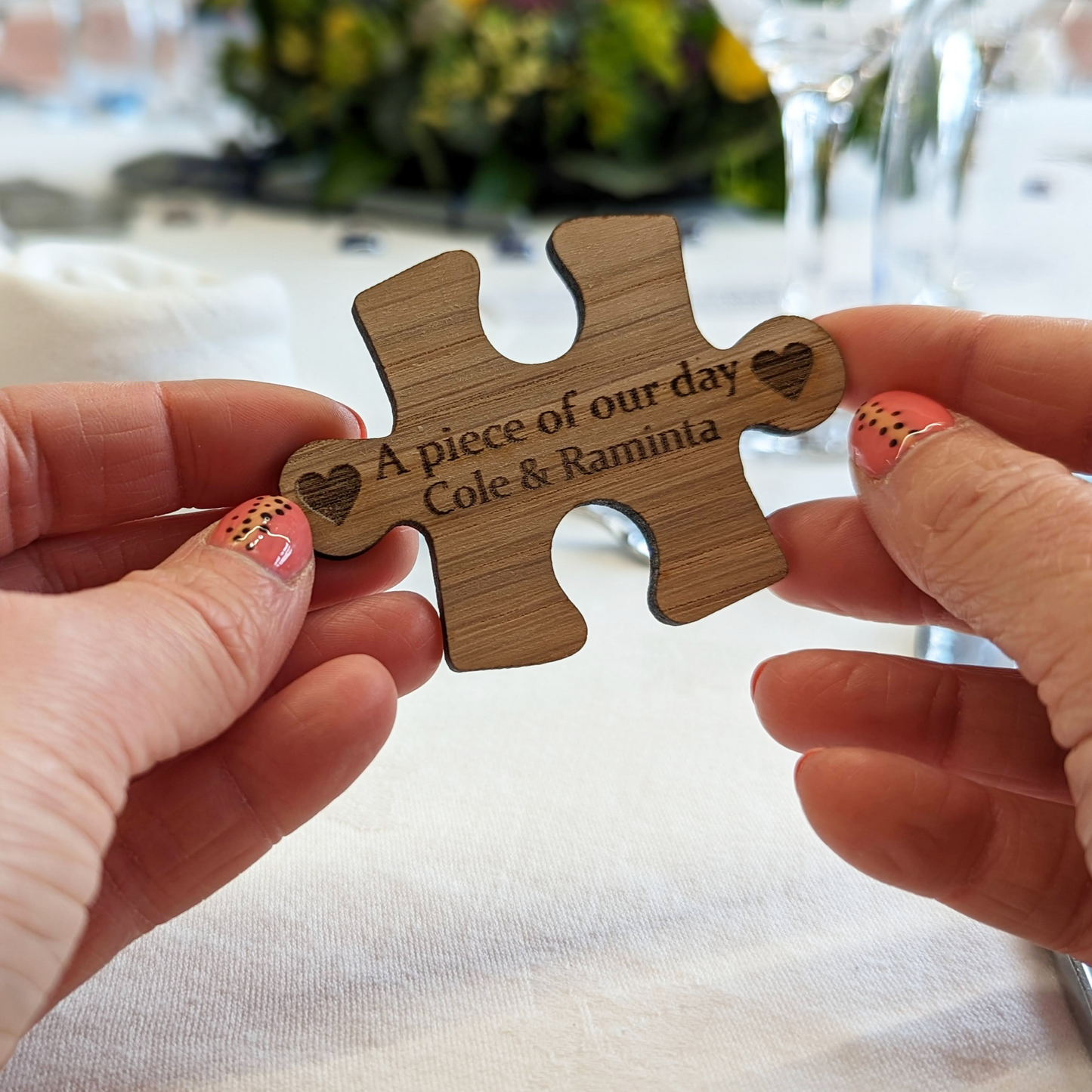 Engraved wooden wedding favour - Personalised jigsaw puzzle piece