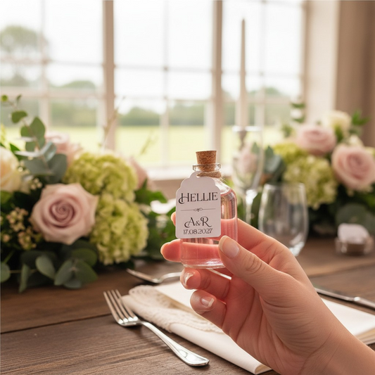 Unique wedding name cards in the form of glass shot bottles held in a hand in front of a window