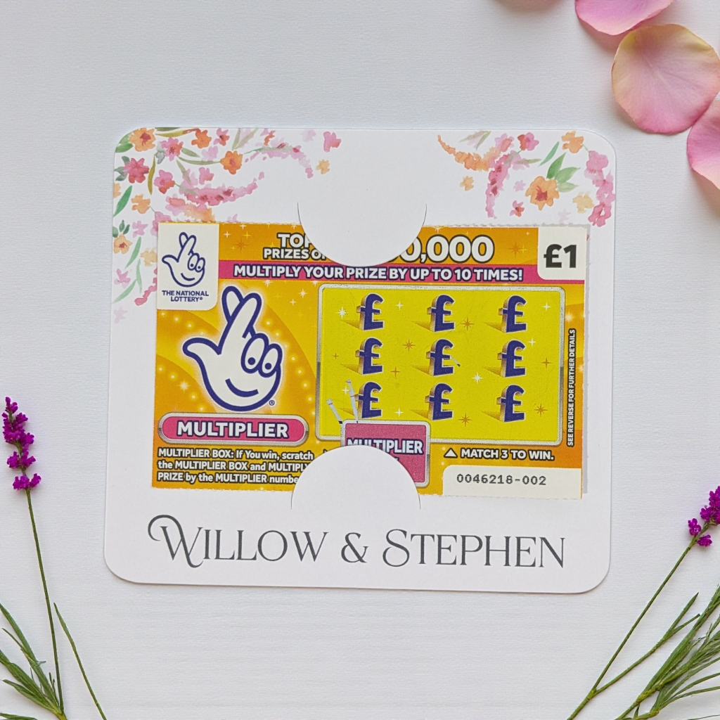 a cheap wedding favour that's a scratch card holder on white background with florals in the corner. 