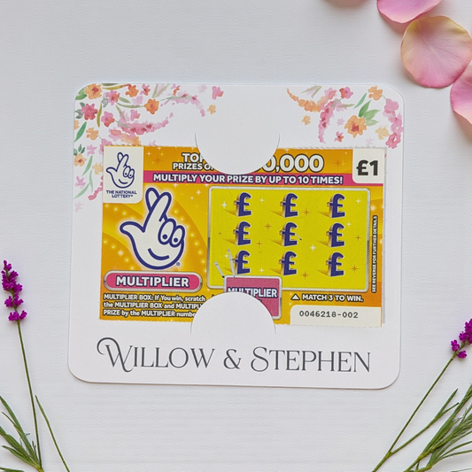 a cheap wedding favour that's a scratch card holder on white background with florals in the corner. 