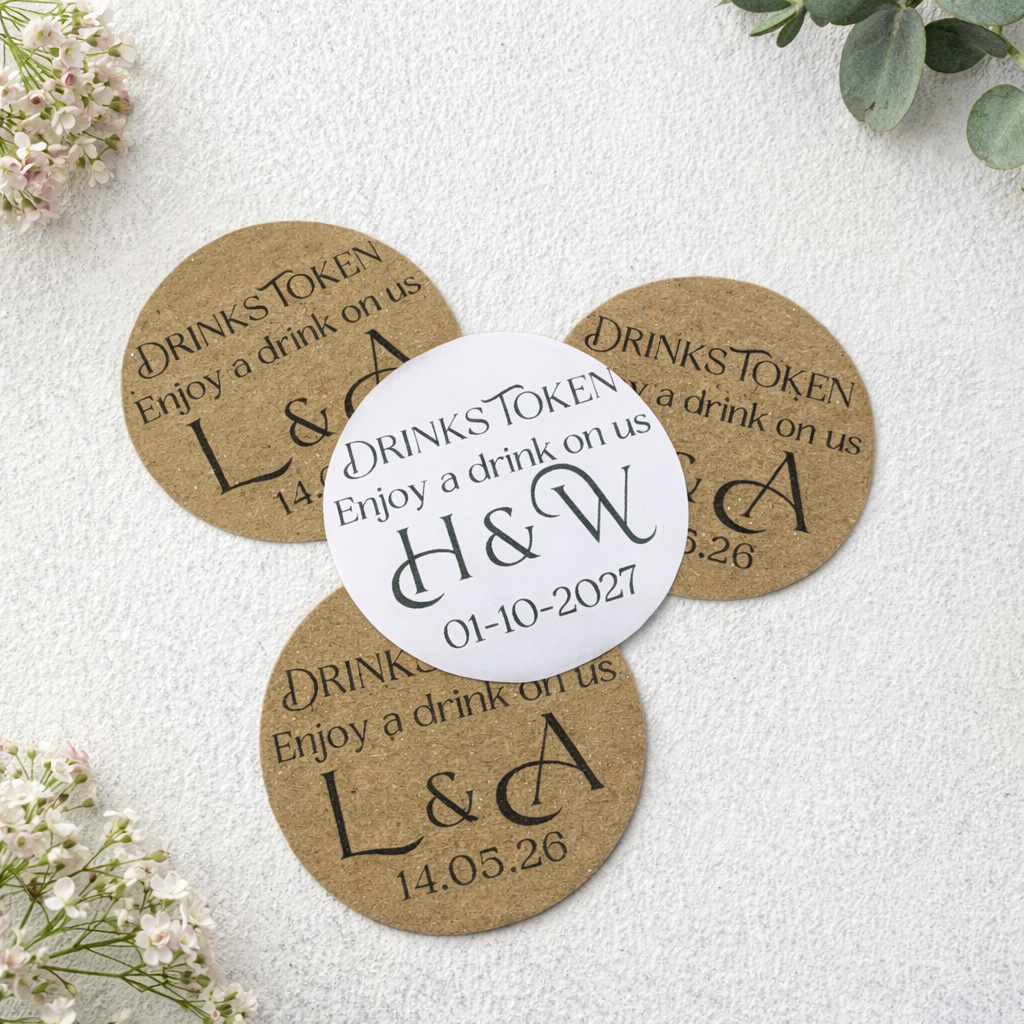 Personalised free drink wedding favour  with names and dates on a light background with flowers.