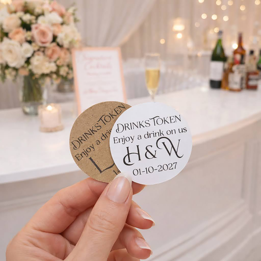 Hand holding two free drinks tokens with personalized text in a wedding setting.