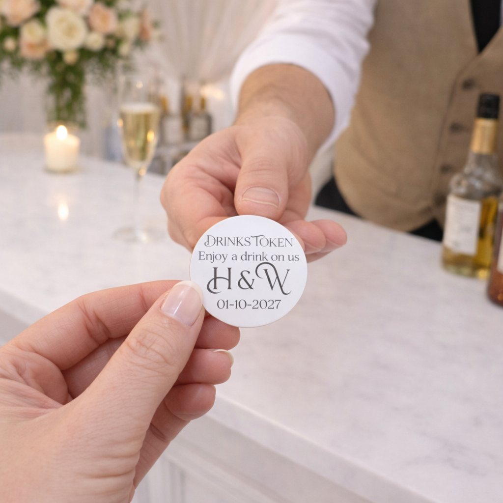 Hand holding a personalised wedding drinks token at a wedding reception.