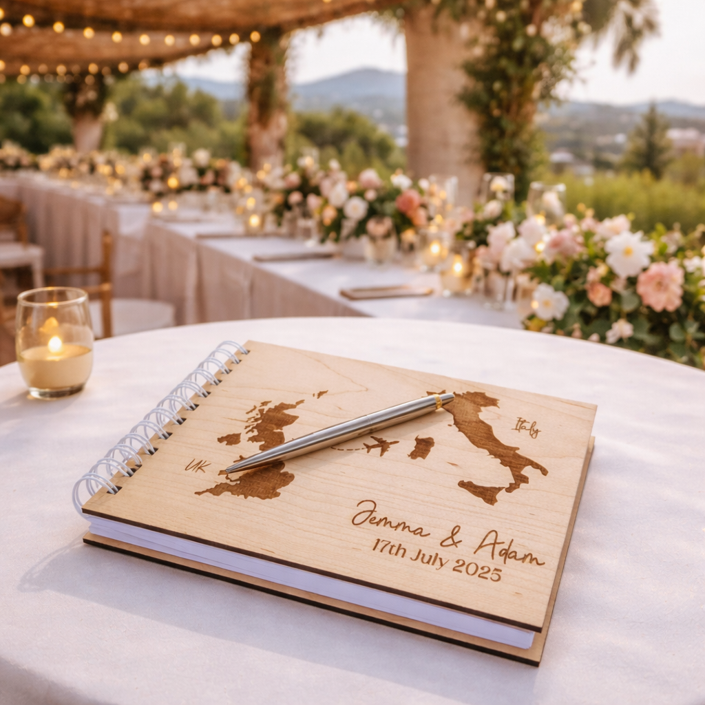 Wedding Guest book on a table at a wedding reception in italy.