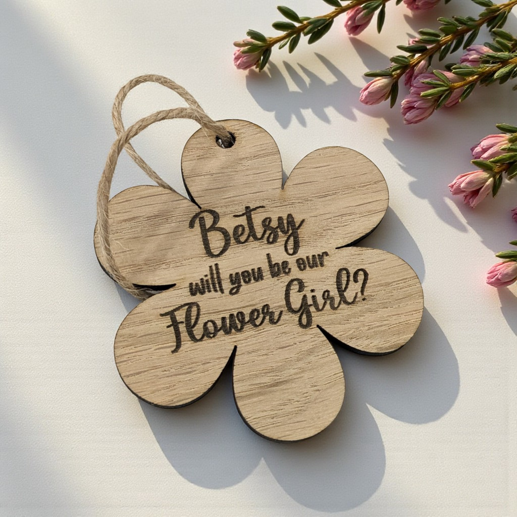flower girl gift asking 'Betsy, will you be our Flower Girl?' with pink flowers in the background.