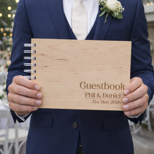 groom from wedding holding an engraved wooden guest book at a wedding.