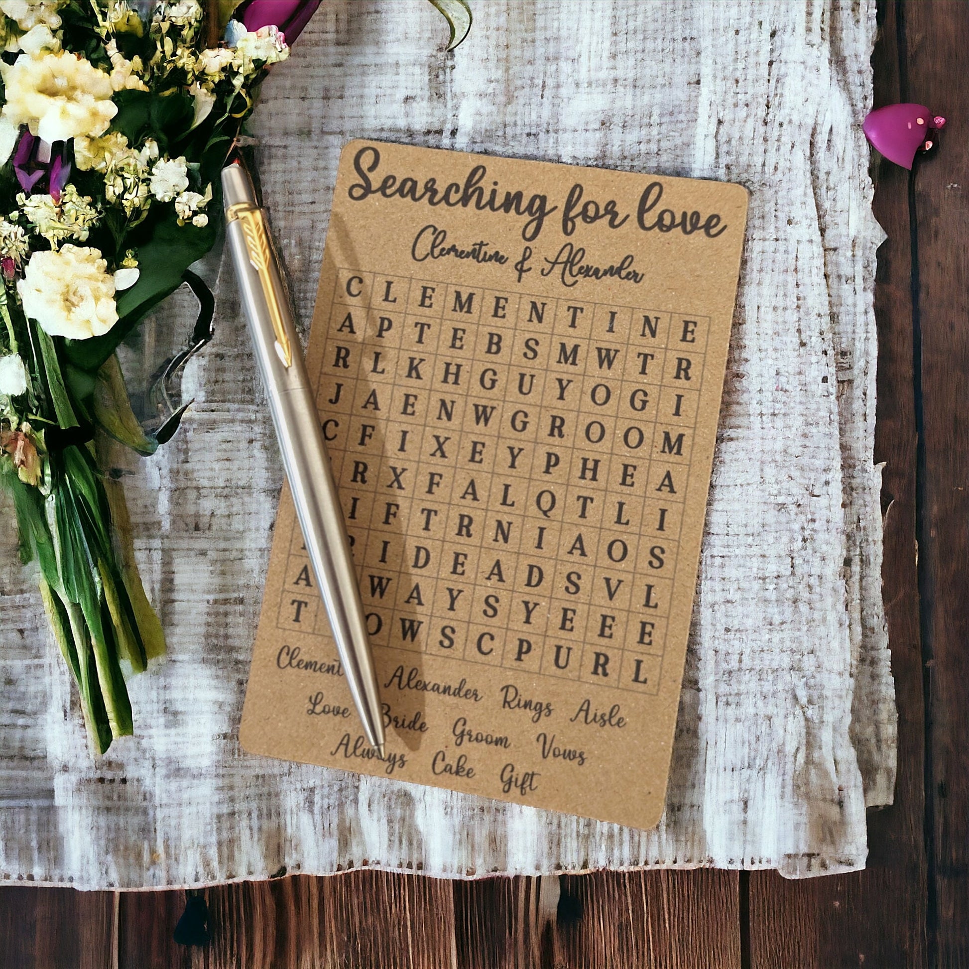 Personalised word search table game for weddings. Each favour is customised with the bride and groom's name