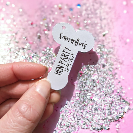 Personalised hen party willy shaped tag with hen's name and the date of the hen party