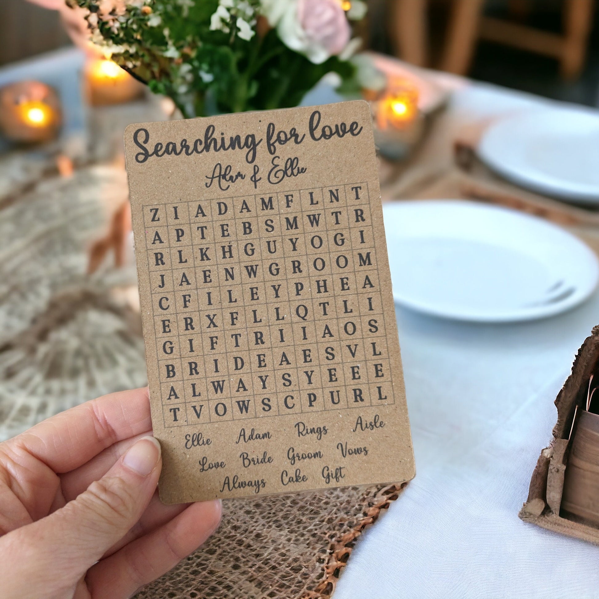 Personalised wedding word search table favour with customised names