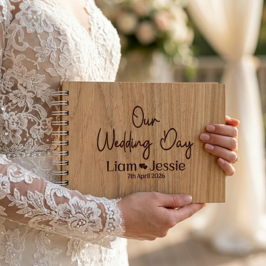 Wooden wedding guest book with 'Our Wedding Day' engraving held by a person in a lace dress.