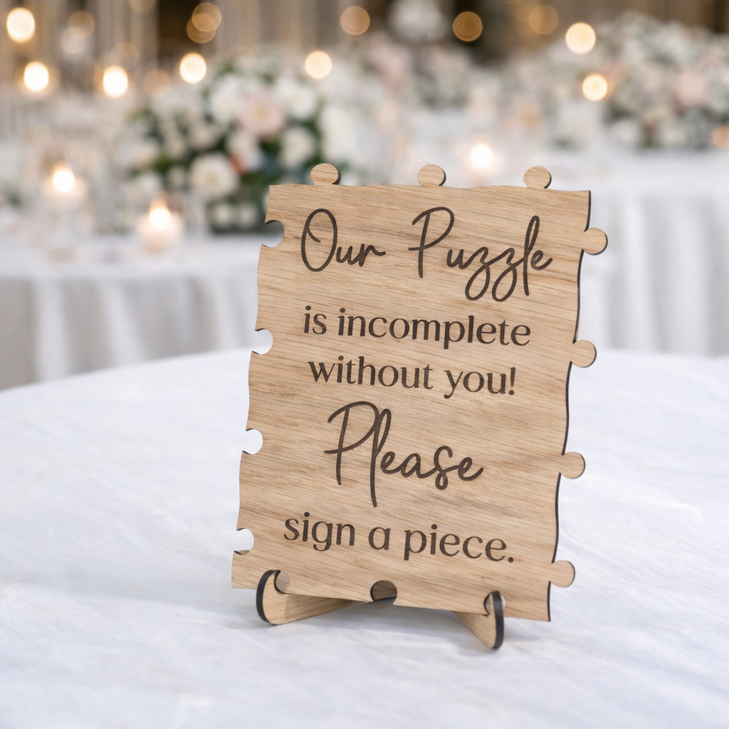 Wooden wedding guest book sign for jigsaw guest book. Puzzle pieces and wedding message on a table with blurred background