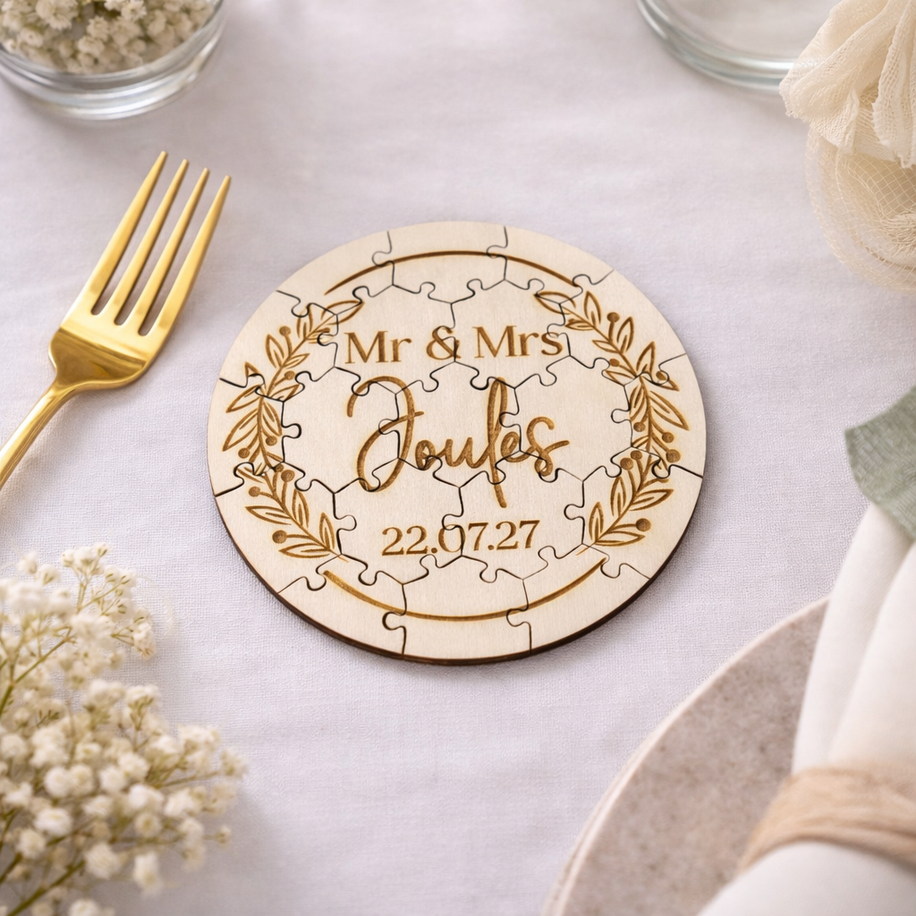 custom wedding table game that's personalised on a white table being used as a favours for guests