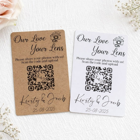 Two wedding cards with QR codes and personalised text on a white background.