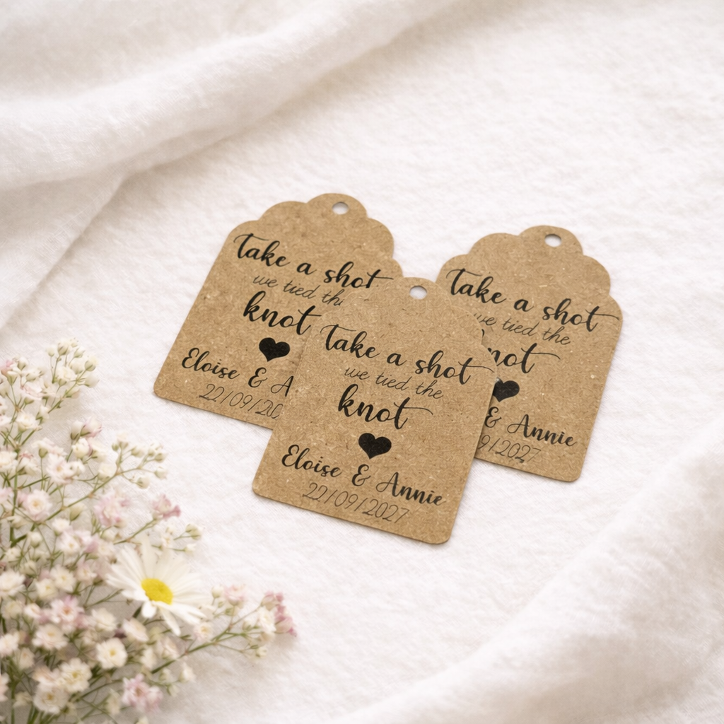 Three brown wedding tags that have we tied the knot on a white background with florals. 