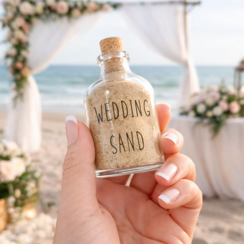 Hand holding a bottle labelled 'Wedding Sand' with a beach wedding backdrop.