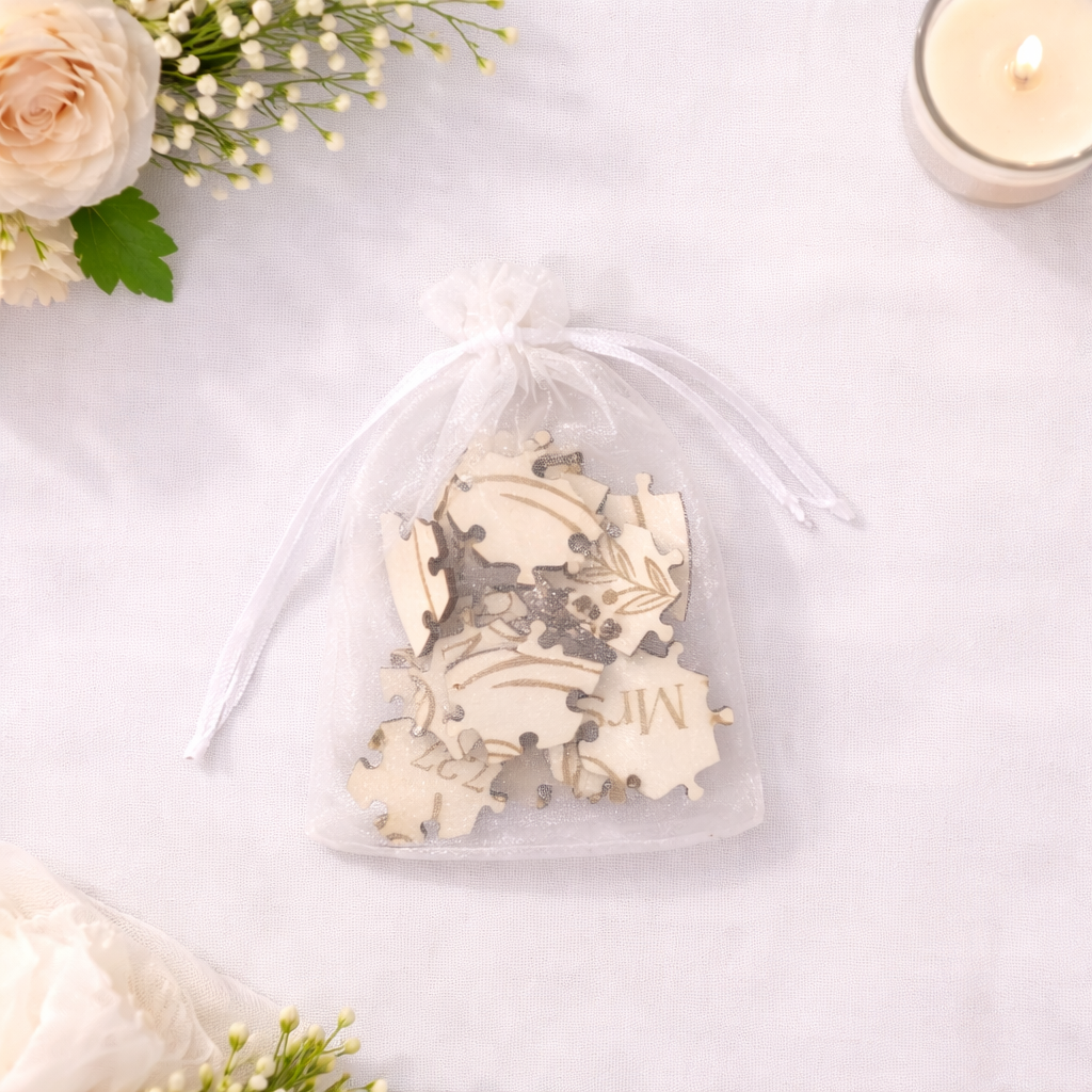 a wedding favour bag filled with puzzle pieces on a white table with flroal decor around it.