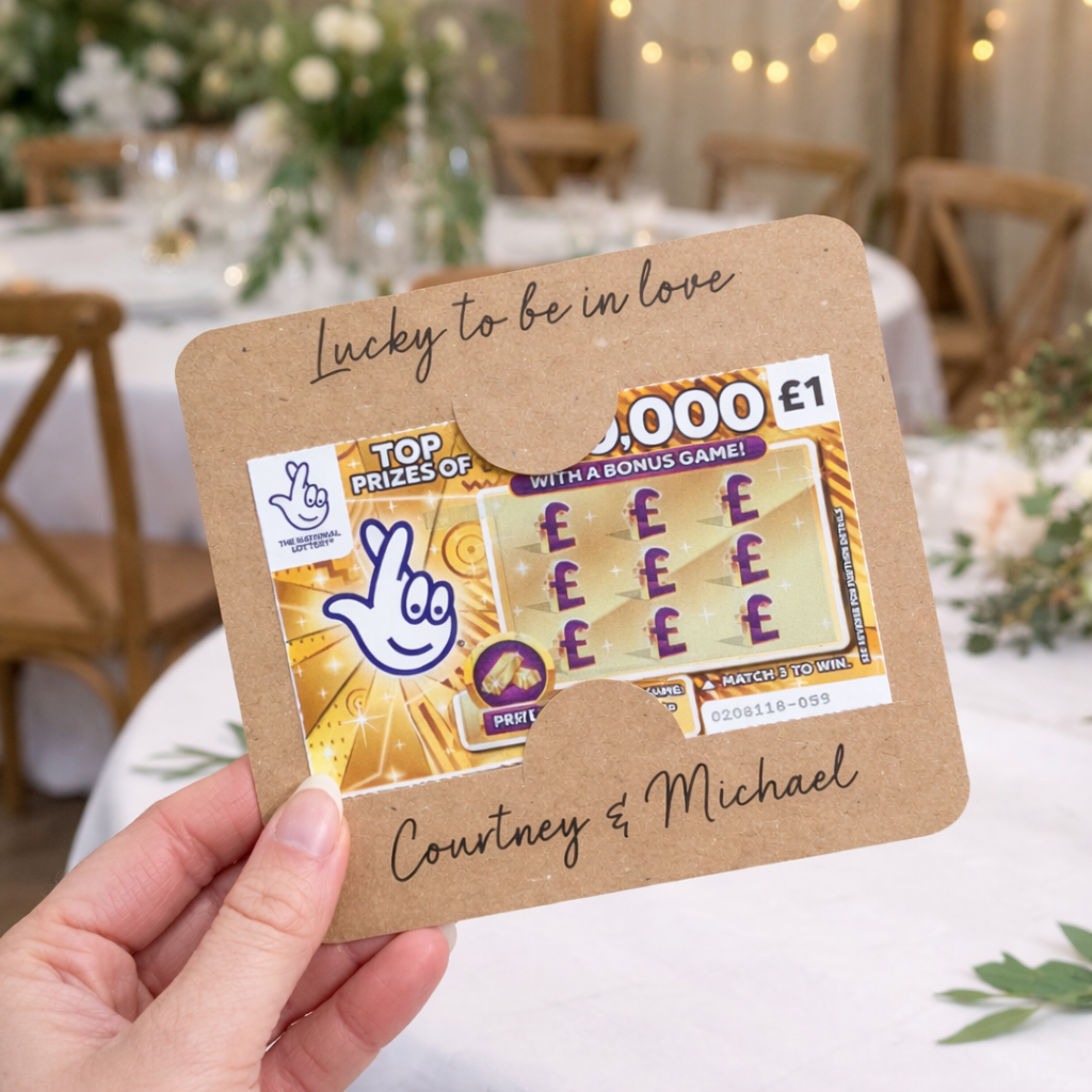 rustic wedding favour scratch card holder with personalised names being held in front of a wedding reception tables. 