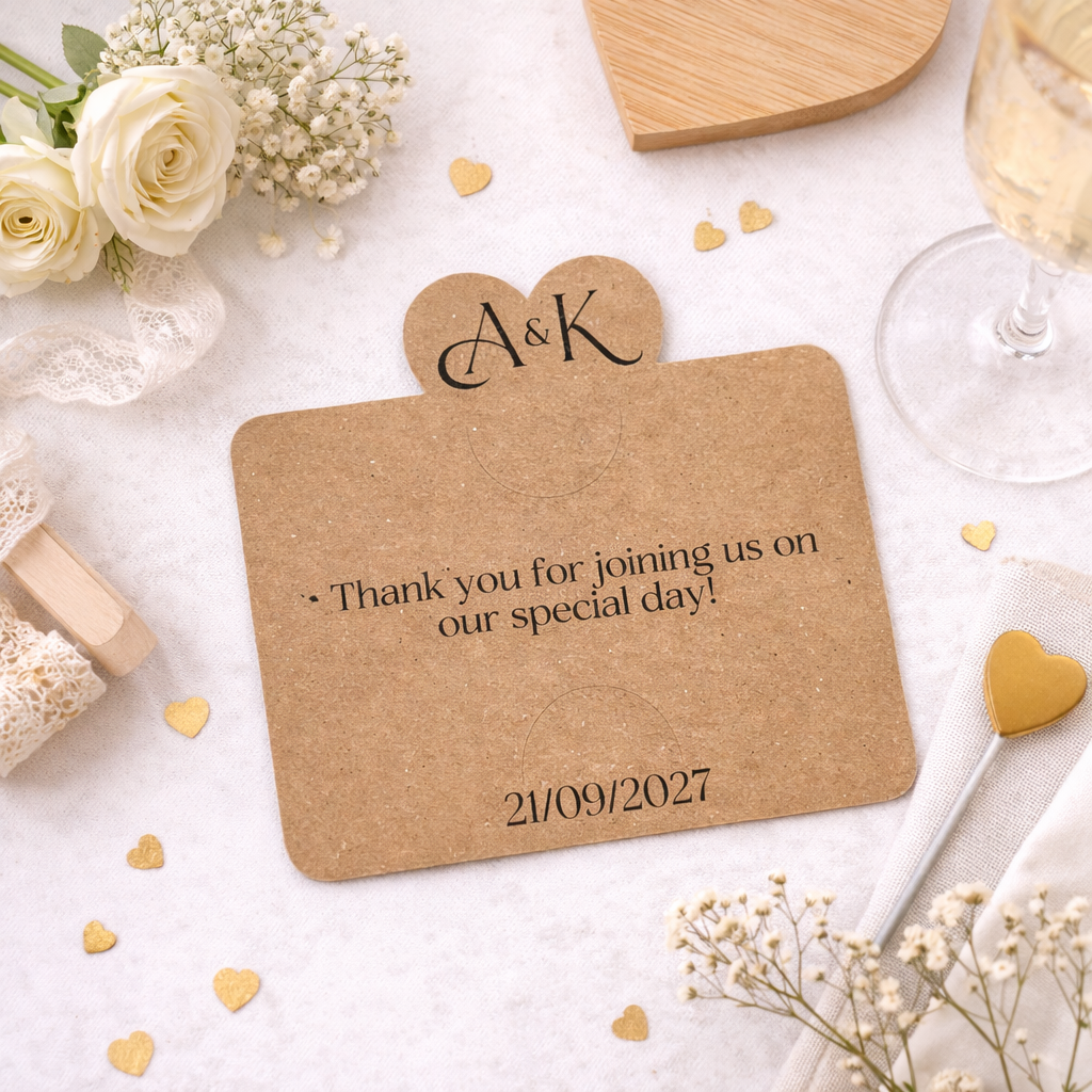 Personalized wedding favour with 'A&K' initials, date, and floral decorations on a light surface.
