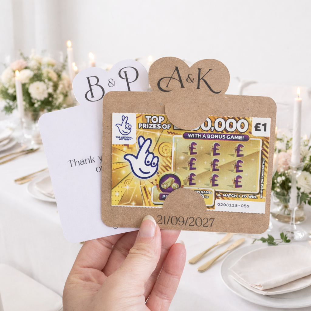 hand holding two wedding scratch card holders which are wedding guest gifts. Infront of a wedding table 