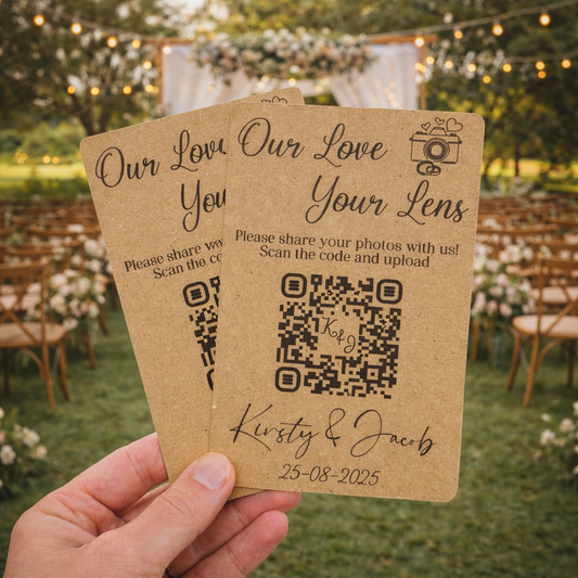 two brown wedding QR code cards being held in front of the wedding aisle 