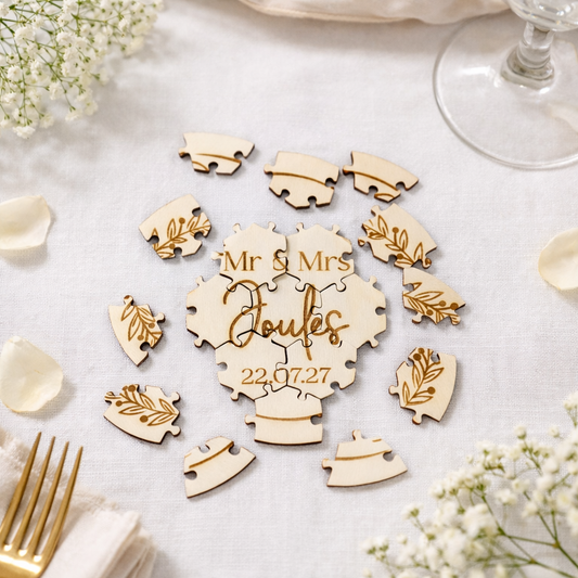 Wooden jigsaw puzzle table game with 'Mr & Mrs' and personalised text at a wedding reception