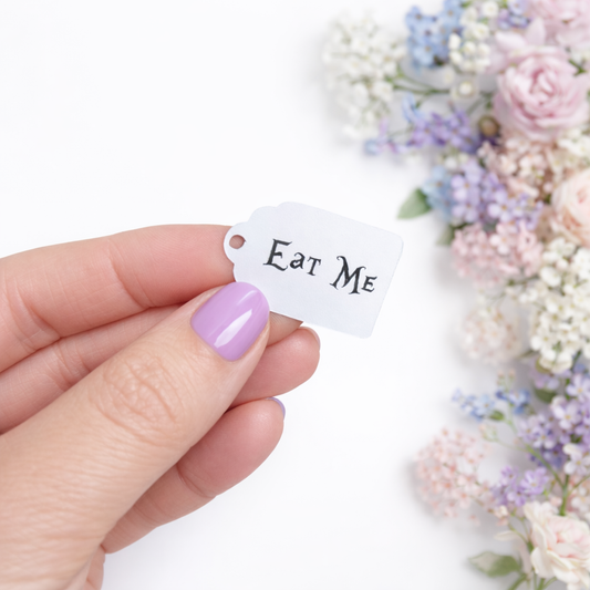 hand holding a white Alice in wonderland inspired eat me tag