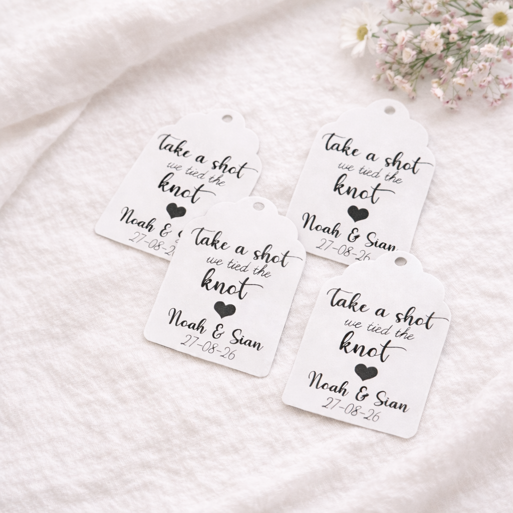 take a shot we tied the knot diy wedding favour tags on a white background with florals