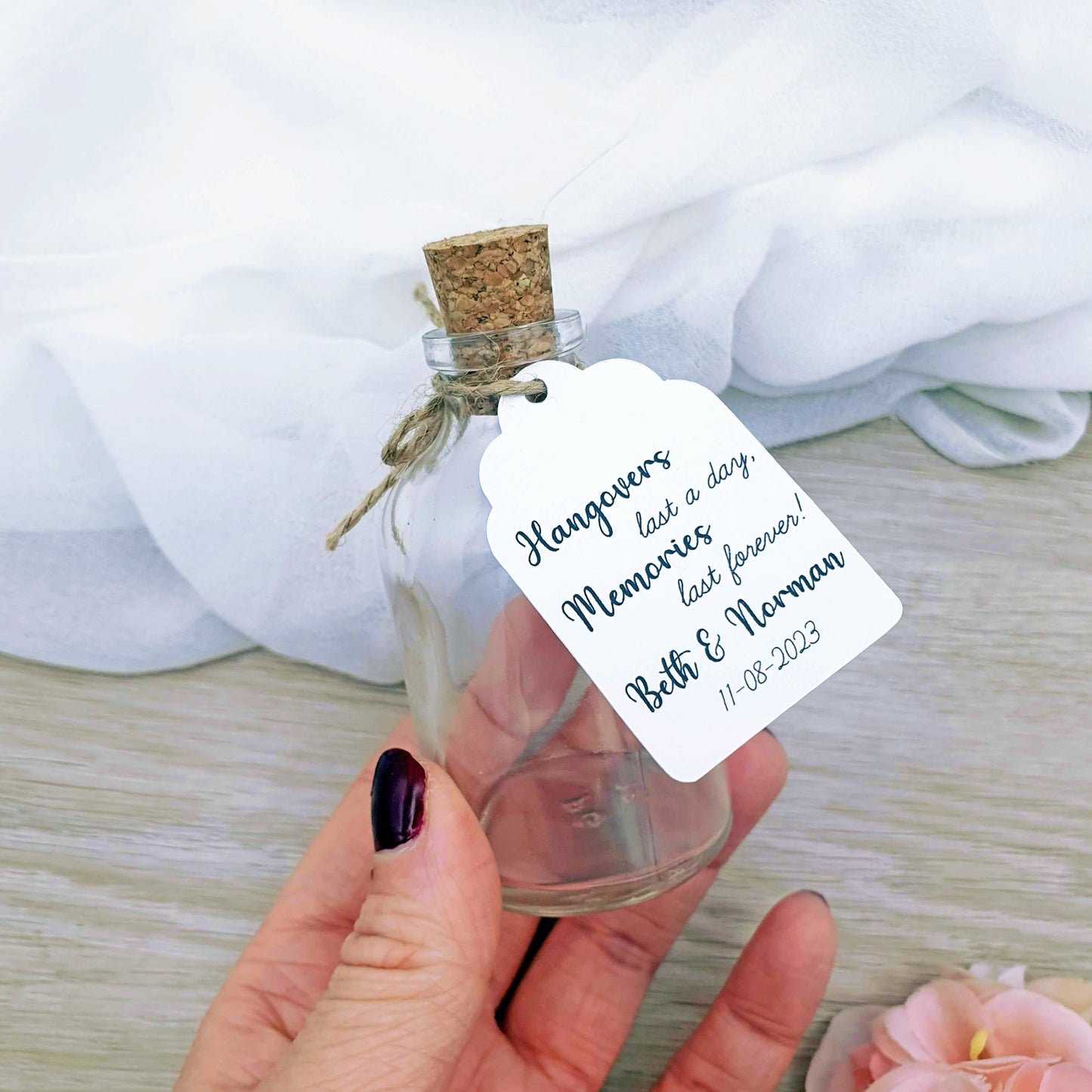 Rustic wedding favour idea - 50ml corked bottle with personalised tag