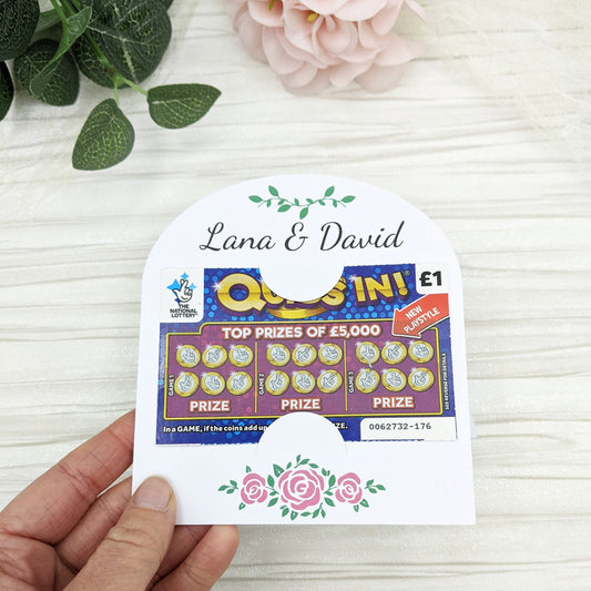 Personalised wedding scratch card holders with rose design